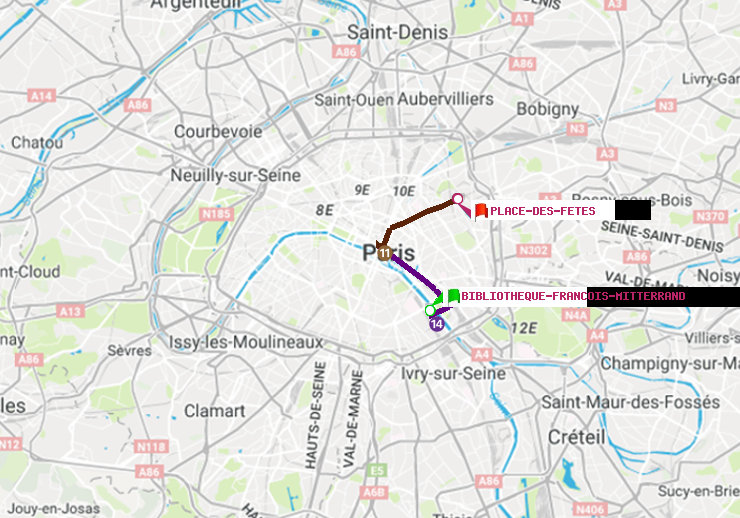 plan itinéraire ratp de Bibliotheque-Francois Mitterrand à Place des Fêtes
