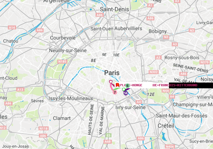 plan itinéraire ratp de Bibliotheque-Francois Mitterrand à Place Monge (Jardin des Plantes)