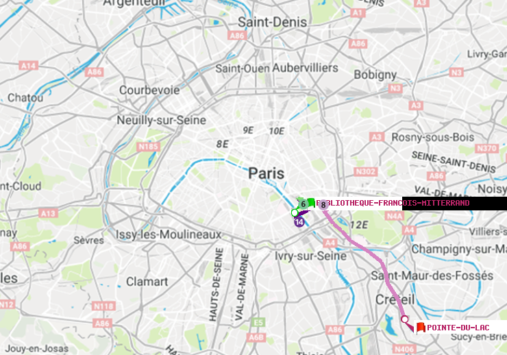 plan itinéraire ratp de Bibliotheque-Francois Mitterrand à Pointe du Lac