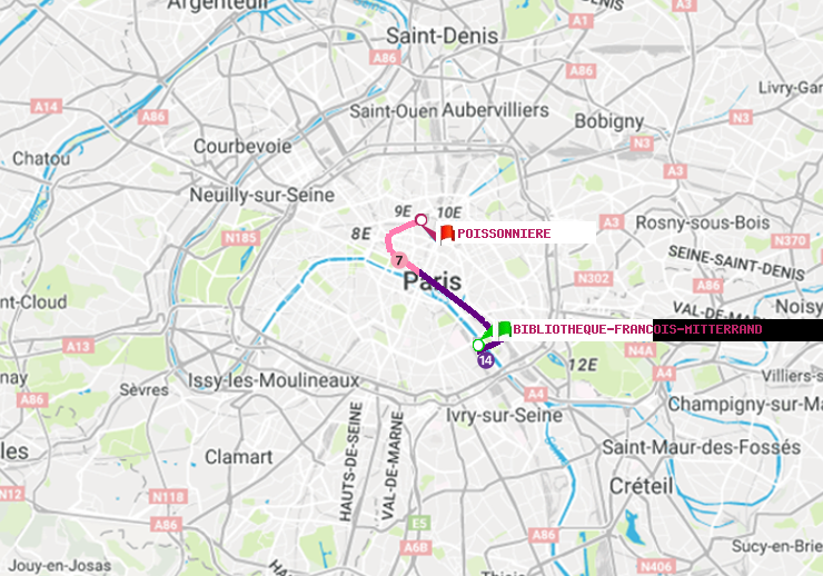 plan itinéraire ratp de Bibliotheque-Francois Mitterrand à Poissonnière