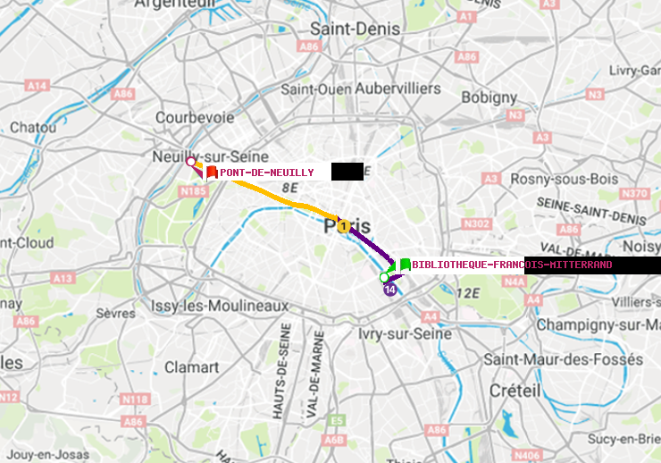 plan itinéraire ratp de Bibliotheque-Francois Mitterrand à Pont de Neuilly