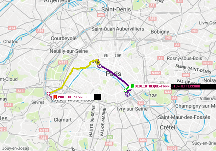 plan itinéraire ratp de Bibliotheque-Francois Mitterrand à Pont de Sèvres