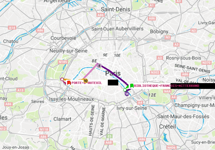 plan itinéraire ratp de Bibliotheque-Francois Mitterrand à Porte d