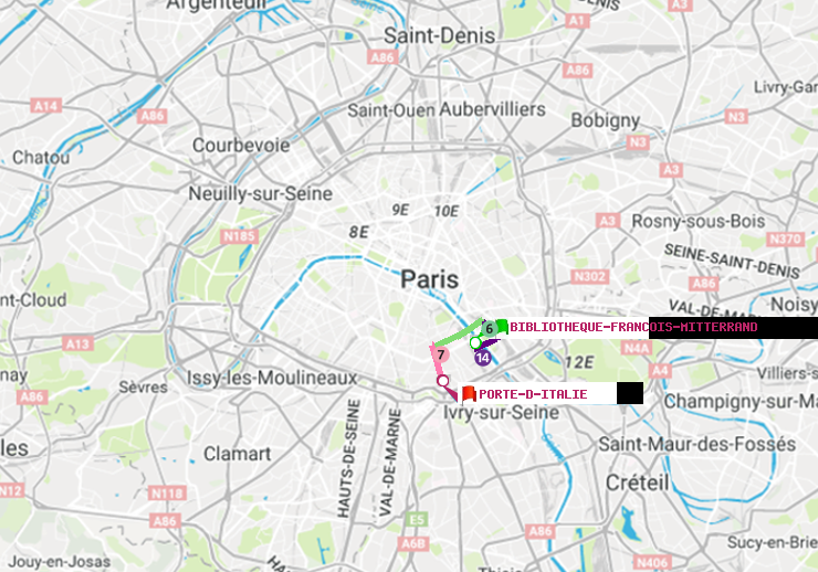 plan itinéraire ratp de Bibliotheque-Francois Mitterrand à Porte d