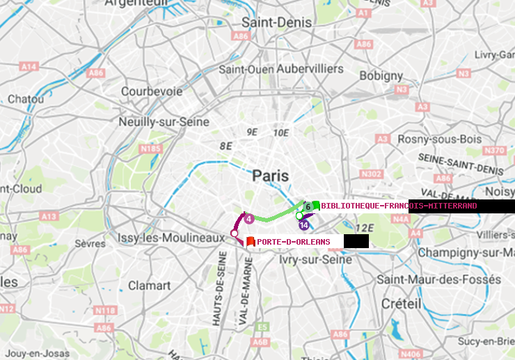 plan itinéraire ratp de Bibliotheque-Francois Mitterrand à Porte d