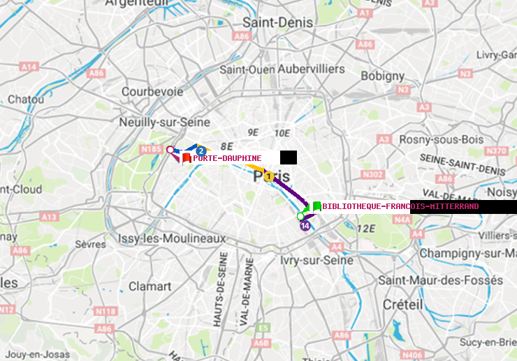 plan itinéraire ratp de Bibliotheque-Francois Mitterrand à Porte Dauphine (Maréchal de Lattre de Tassigny)