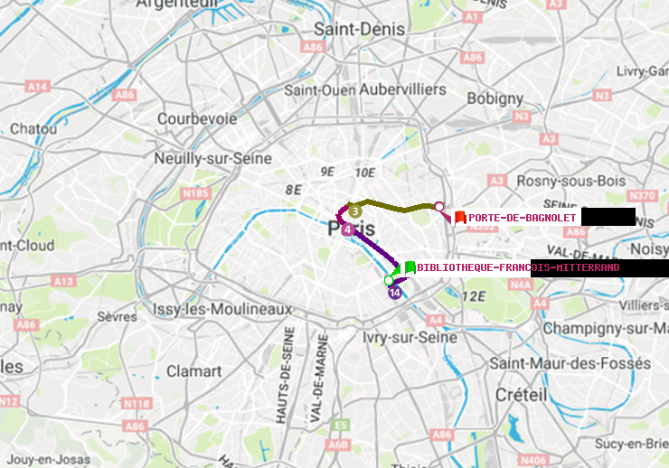 plan itinéraire ratp de Bibliotheque-Francois Mitterrand à Porte de Bagnolet