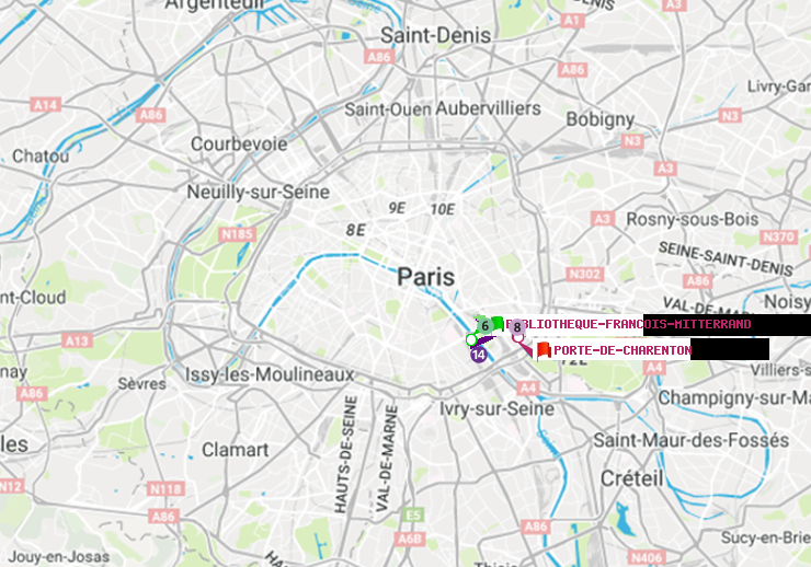 plan itinéraire ratp de Bibliotheque-Francois Mitterrand à Porte de Charenton
