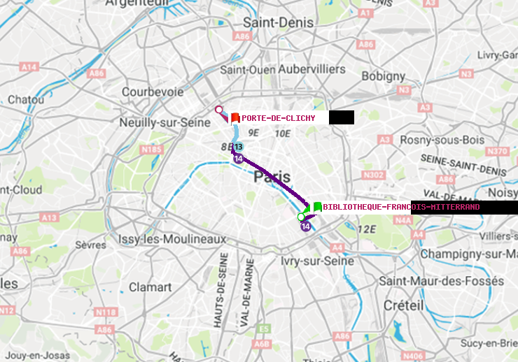 plan itinéraire ratp de Bibliotheque-Francois Mitterrand à Porte de Clichy