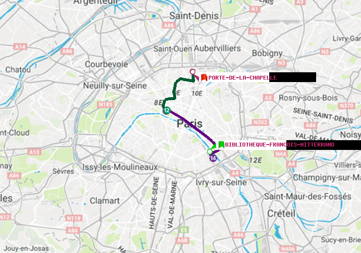 plan itinéraire ratp de Bibliotheque-Francois Mitterrand à Porte de la Chapelle