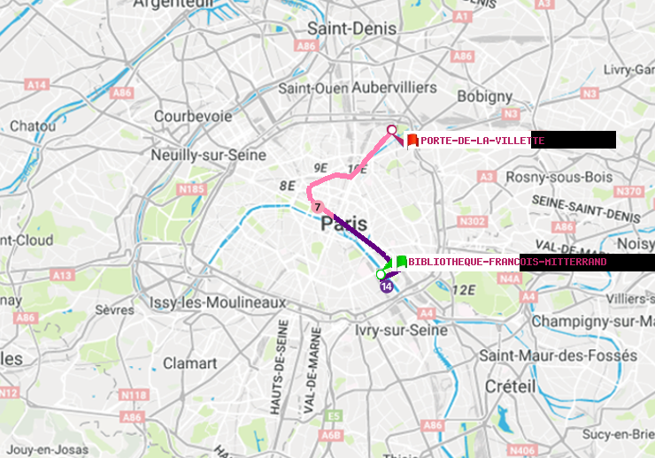 plan itinéraire ratp de Bibliotheque-Francois Mitterrand à Porte de la Villette