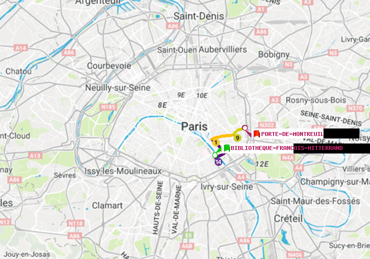 plan itinéraire ratp de Bibliotheque-Francois Mitterrand à Porte de Montreuil
