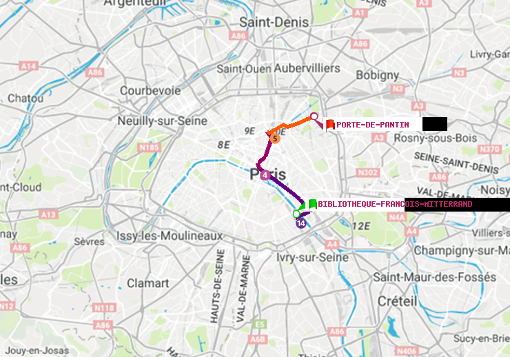 plan itinéraire ratp de Bibliotheque-Francois Mitterrand à Porte de Pantin