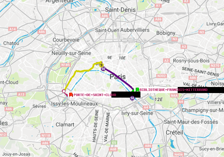 plan itinéraire ratp de Bibliotheque-Francois Mitterrand à Porte de Saint-Cloud