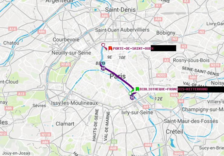 plan itinéraire ratp de Bibliotheque-Francois Mitterrand à Porte de Saint-Ouen