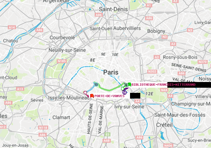 plan itinéraire ratp de Bibliotheque-Francois Mitterrand à Porte de Vanves