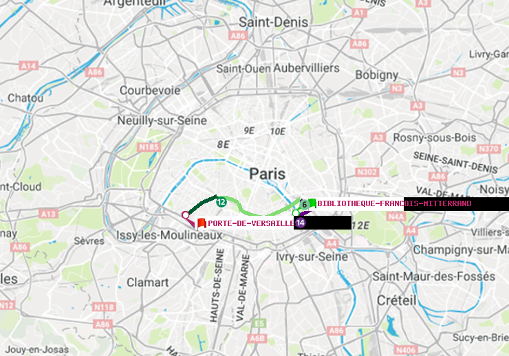 plan itinéraire ratp de Bibliotheque-Francois Mitterrand à Porte de Versailles