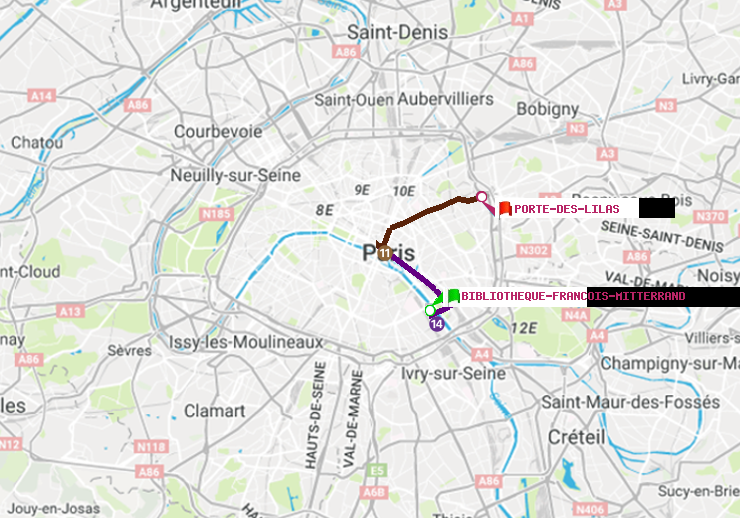 plan itinéraire ratp de Bibliotheque-Francois Mitterrand à Porte des Lilas