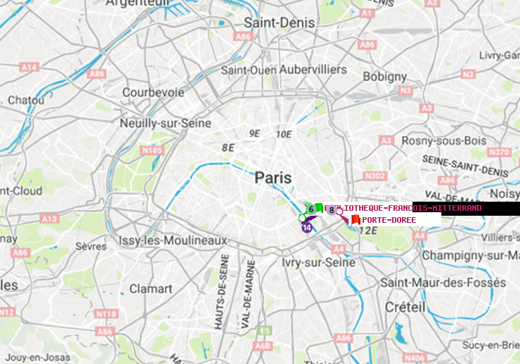 plan itinéraire ratp de Bibliotheque-Francois Mitterrand à Porte Dorée
