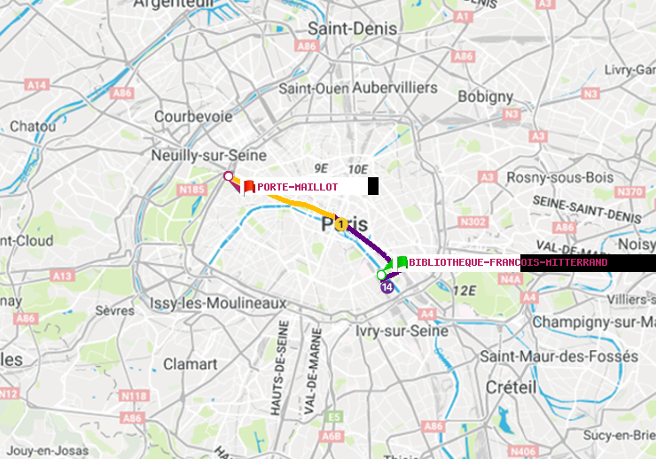 plan itinéraire ratp de Bibliotheque-Francois Mitterrand à Porte Maillot