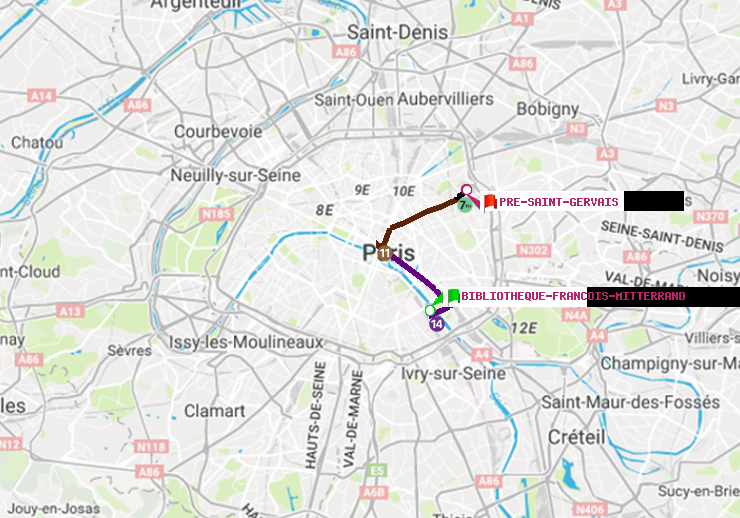 plan itinéraire ratp de Bibliotheque-Francois Mitterrand à Pré-Saint-Gervais