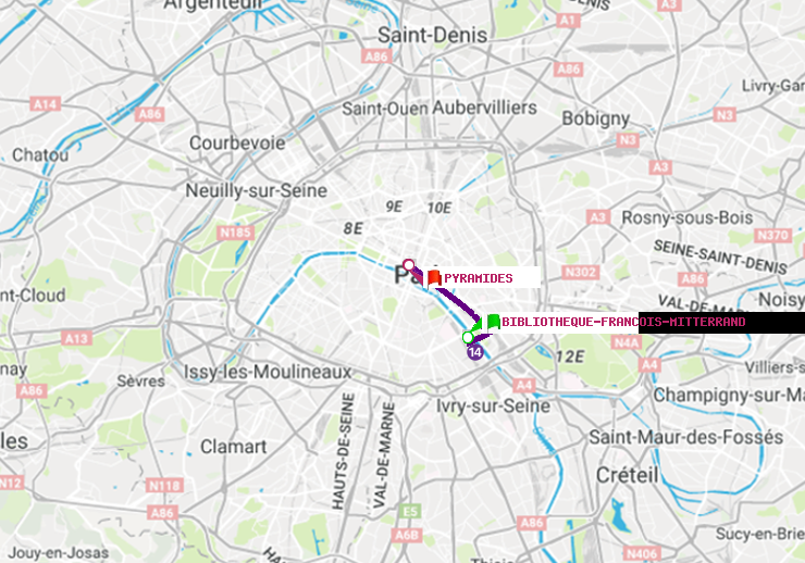 plan itinéraire ratp de Bibliotheque-Francois Mitterrand à Pyramides