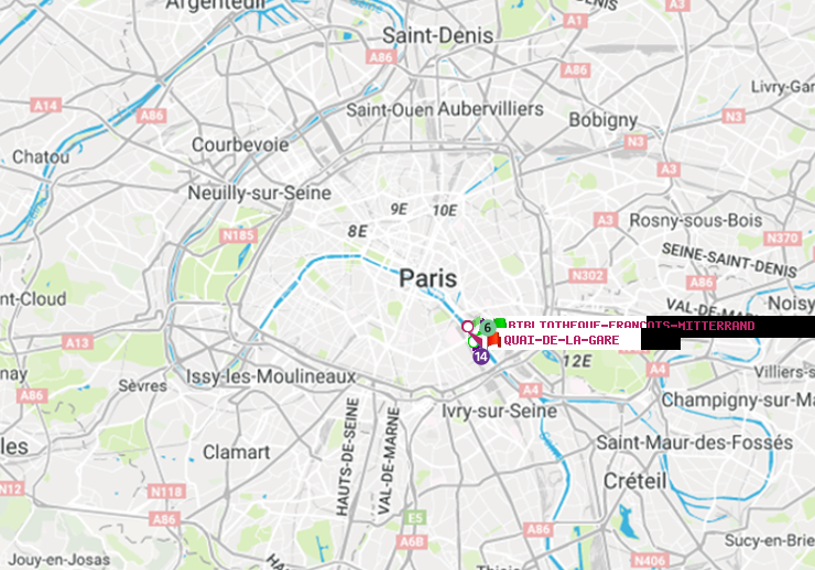 plan itinéraire ratp de Bibliotheque-Francois Mitterrand à Quai de la Gare