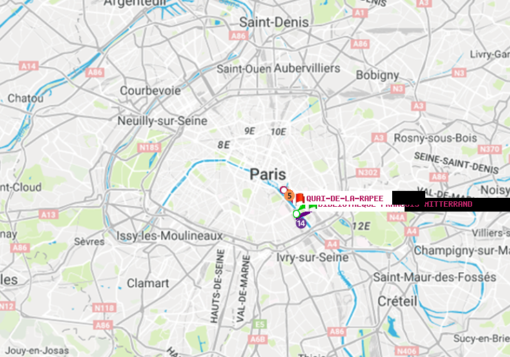 plan itinéraire ratp de Bibliotheque-Francois Mitterrand à Quai de la Rapée