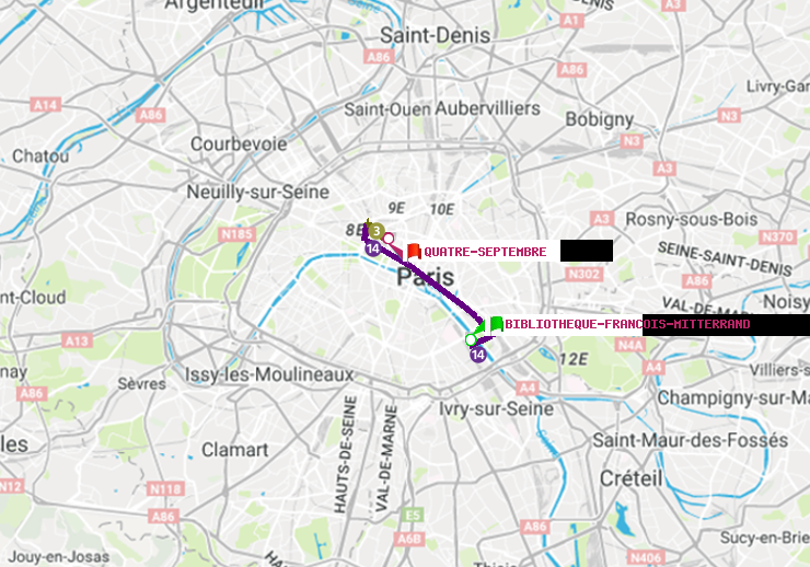 plan itinéraire ratp de Bibliotheque-Francois Mitterrand à Quatre Septembre