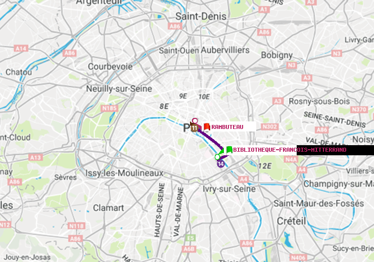 plan itinéraire ratp de Bibliotheque-Francois Mitterrand à Rambuteau