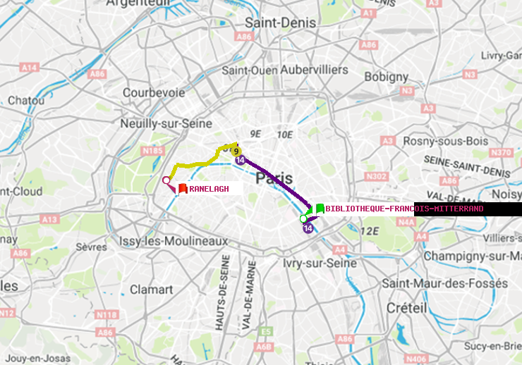 plan itinéraire ratp de Bibliotheque-Francois Mitterrand à Ranelagh