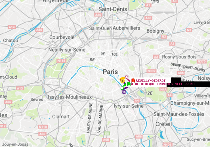 plan itinéraire ratp de Bibliotheque-Francois Mitterrand à Reuilly-Diderot