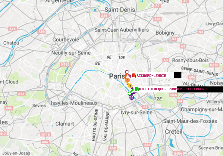 plan itinéraire ratp de Bibliotheque-Francois Mitterrand à Richard-Lenoir