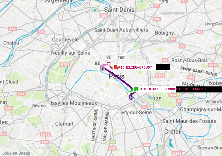 plan itinéraire ratp de Bibliotheque-Francois Mitterrand à Richelieu-Drouot