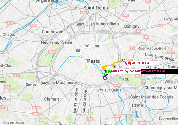 plan itinéraire ratp de Bibliotheque-Francois Mitterrand à Robespierre