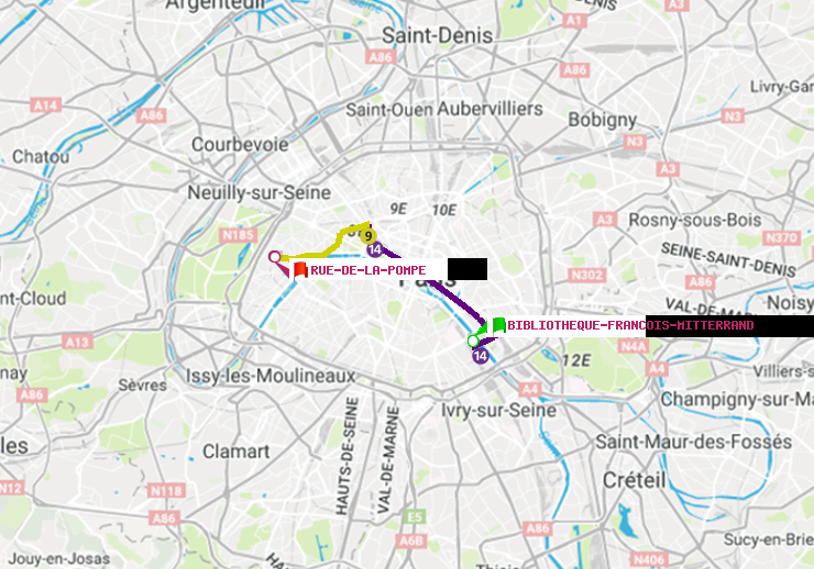 plan itinéraire ratp de Bibliotheque-Francois Mitterrand à Rue de la Pompe (Avenue Georges Mandel)