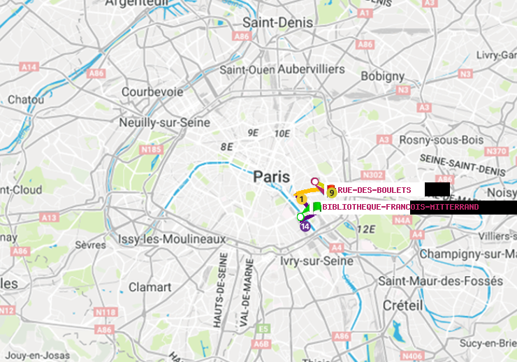 plan itinéraire ratp de Bibliotheque-Francois Mitterrand à Rue des Boulets