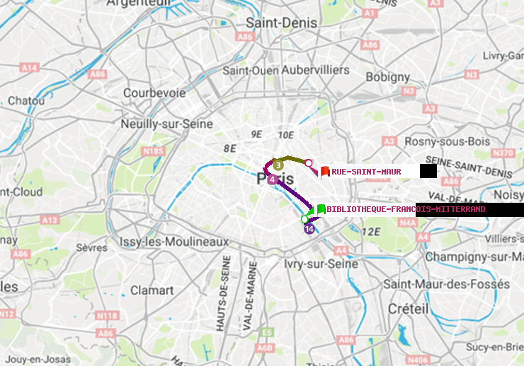 plan itinéraire ratp de Bibliotheque-Francois Mitterrand à Rue Saint-Maur