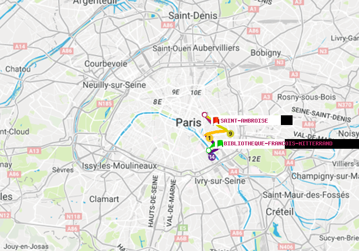 plan itinéraire ratp de Bibliotheque-Francois Mitterrand à Saint-Ambroise