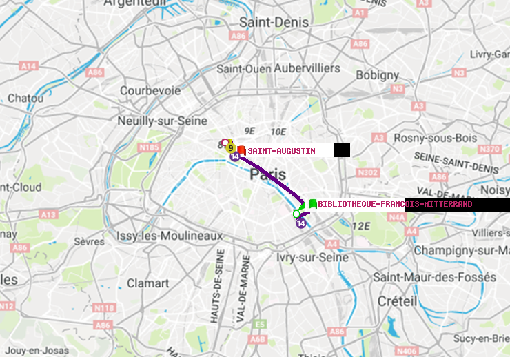 plan itinéraire ratp de Bibliotheque-Francois Mitterrand à Saint-Augustin