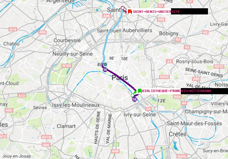 plan itinéraire ratp de Bibliotheque-Francois Mitterrand à Saint-Denis-Universite