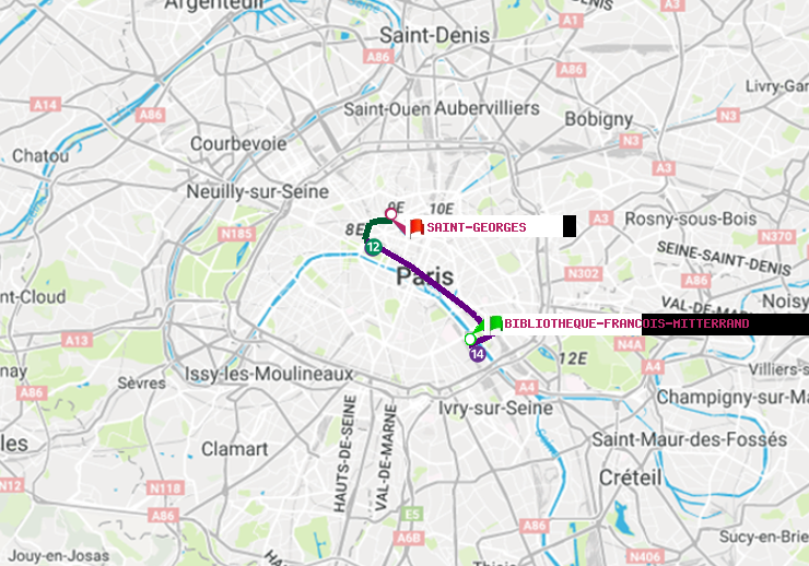 plan itinéraire ratp de Bibliotheque-Francois Mitterrand à Saint-Georges