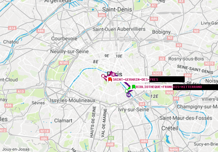 plan itinéraire ratp de Bibliotheque-Francois Mitterrand à Saint-Germain des Prés