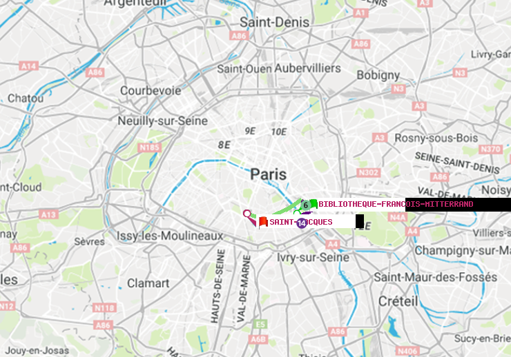 plan itinéraire ratp de Bibliotheque-Francois Mitterrand à Saint-Jacques