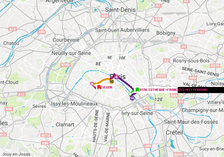 plan itinéraire ratp de Bibliotheque-Francois Mitterrand à Ségur