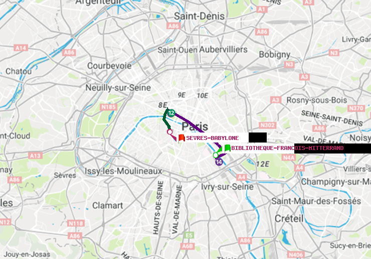 plan itinéraire ratp de Bibliotheque-Francois Mitterrand à Sèvres-Babylone