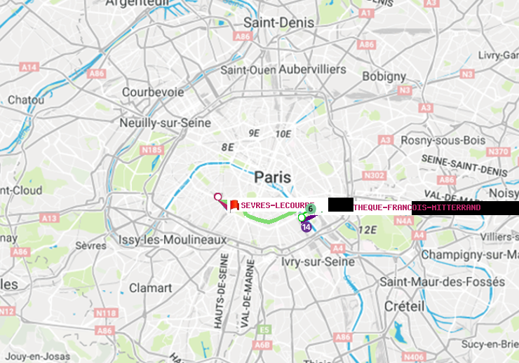 plan itinéraire ratp de Bibliotheque-Francois Mitterrand à Sèvres-Lecourbe