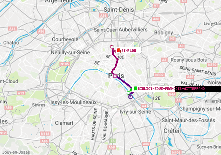 plan itinéraire ratp de Bibliotheque-Francois Mitterrand à Simplon