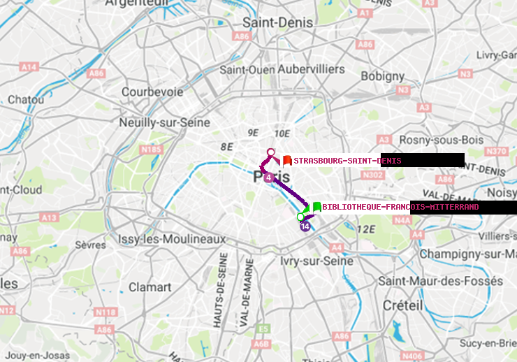 plan itinéraire ratp de Bibliotheque-Francois Mitterrand à Strasbourg-Saint-Denis