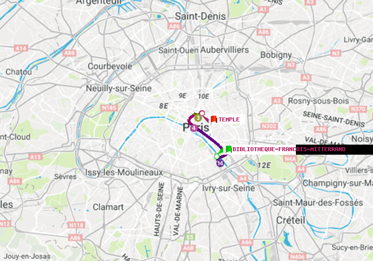 plan itinéraire ratp de Bibliotheque-Francois Mitterrand à Temple